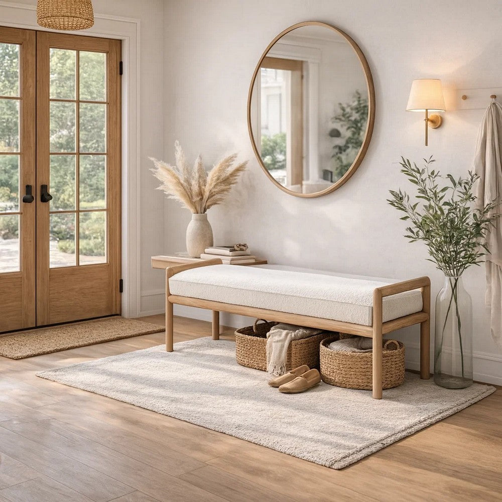 Dory 60 Inch Bench, Boucle Upholstered Seat, Rounded Frame, Brown Wood