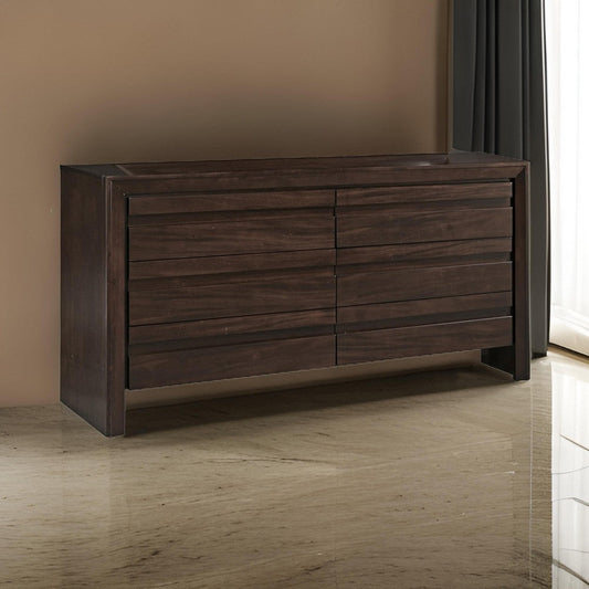 Oxo 64 Inch Dresser, 6 Drawers, Carved Handles, Chocolate Brown Wood