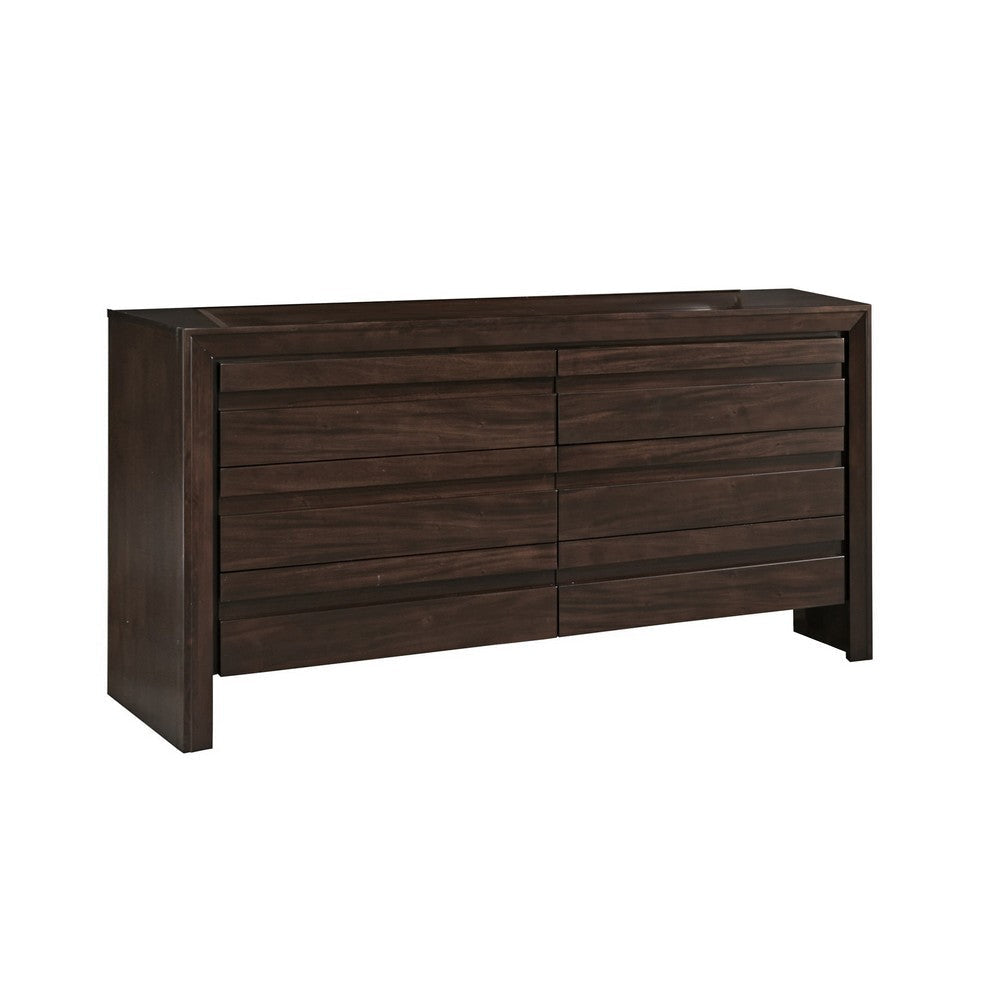 Oxo 64 Inch Dresser, 6 Drawers, Carved Handles, Chocolate Brown Wood