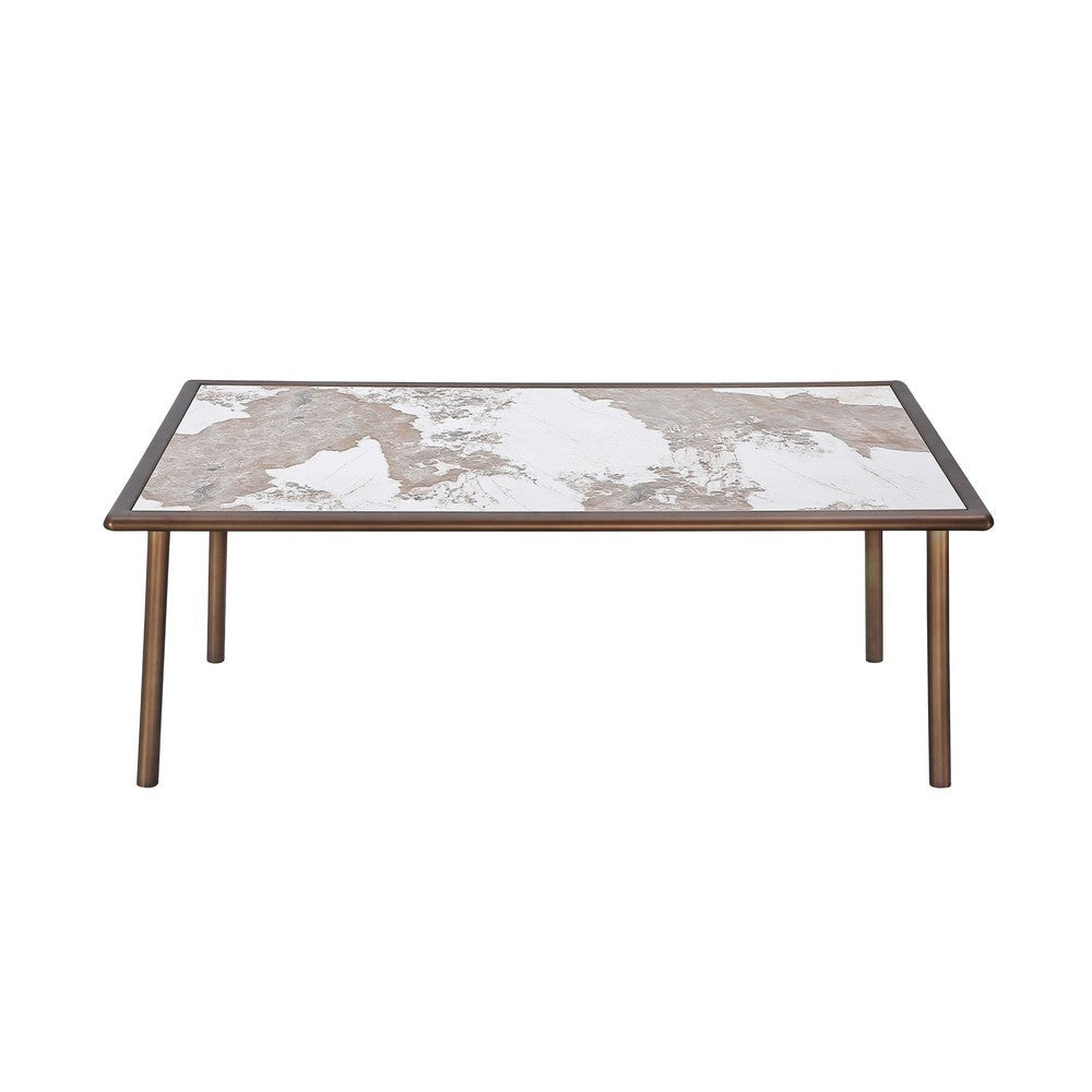 Zame 79 Inch Dining Table Rectangular White Stone Top Steel Legs Bronze BM309092