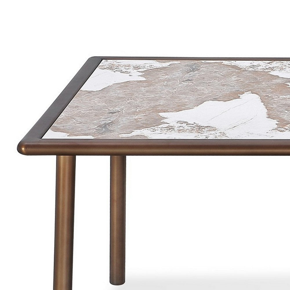 Zame 79 Inch Dining Table Rectangular White Stone Top Steel Legs Bronze BM309092