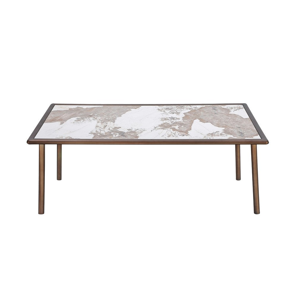 Zame 79 Inch Dining Table, Rectangular White Stone Top, Steel Legs, Bronze