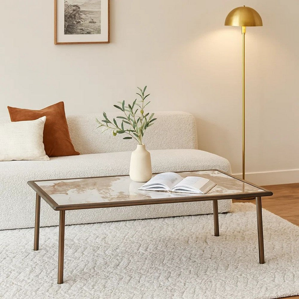 Zame 79 Inch Dining Table, Rectangular White Stone Top, Steel Legs, Bronze
