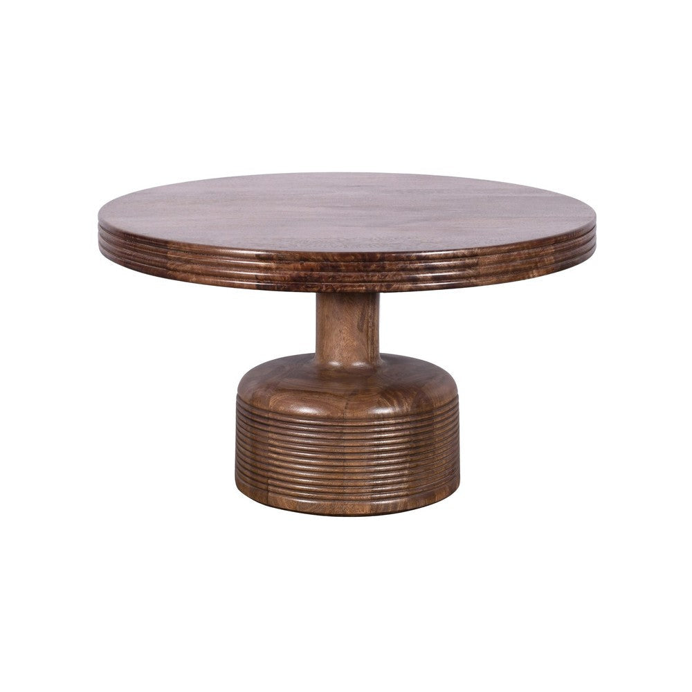 Rise 30 Inch Coffee Table Round Top and Pedestal Base Natural Brown Wood BM309097
