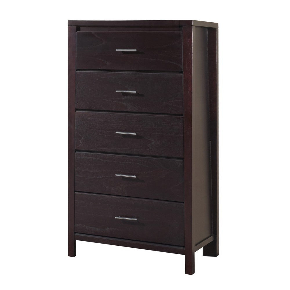 Nevi 56 Inch Tall Dresser Chest 5 Drawers Chrome Bar Handles Brown Wood BM309100