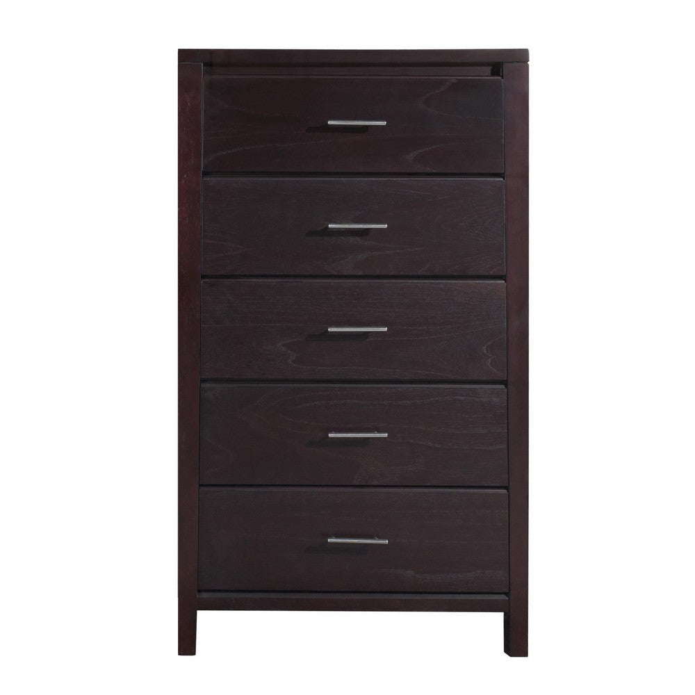 Nevi 56 Inch Tall Dresser Chest, 5 Drawers, Chrome Bar Handles, Brown Wood