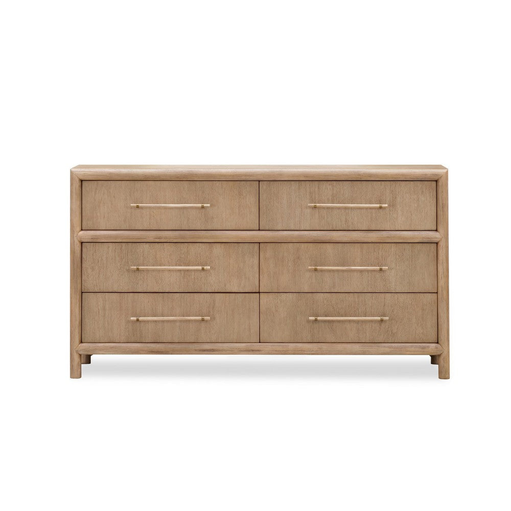 Dory 66 Inch Dresser 6 Drawers Bar Handles Wire Brushed Brown Wood BM309103