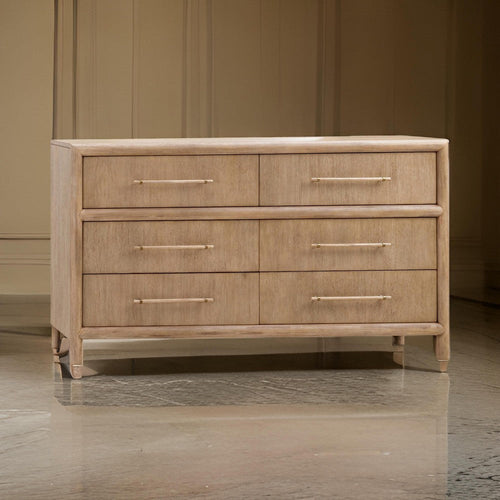 Dory 66 Inch Dresser, 6 Drawers, Bar Handles, Wire Brushed Brown Wood