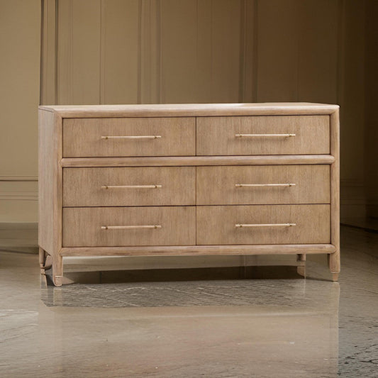 Dory 66 Inch Dresser, 6 Drawers, Bar Handles, Wire Brushed Brown Wood