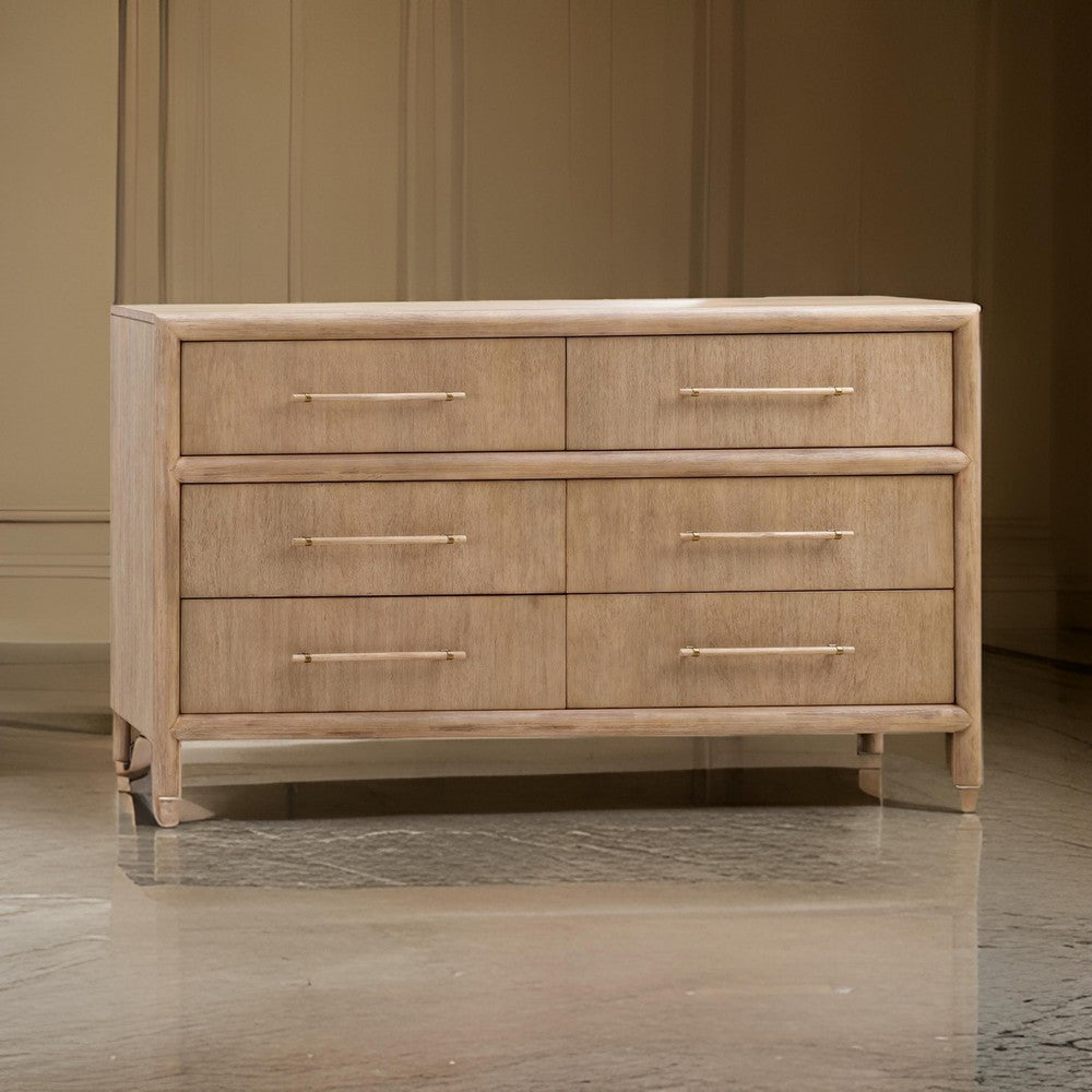 Dory 66 Inch Dresser, 6 Drawers, Bar Handles, Wire Brushed Brown Wood