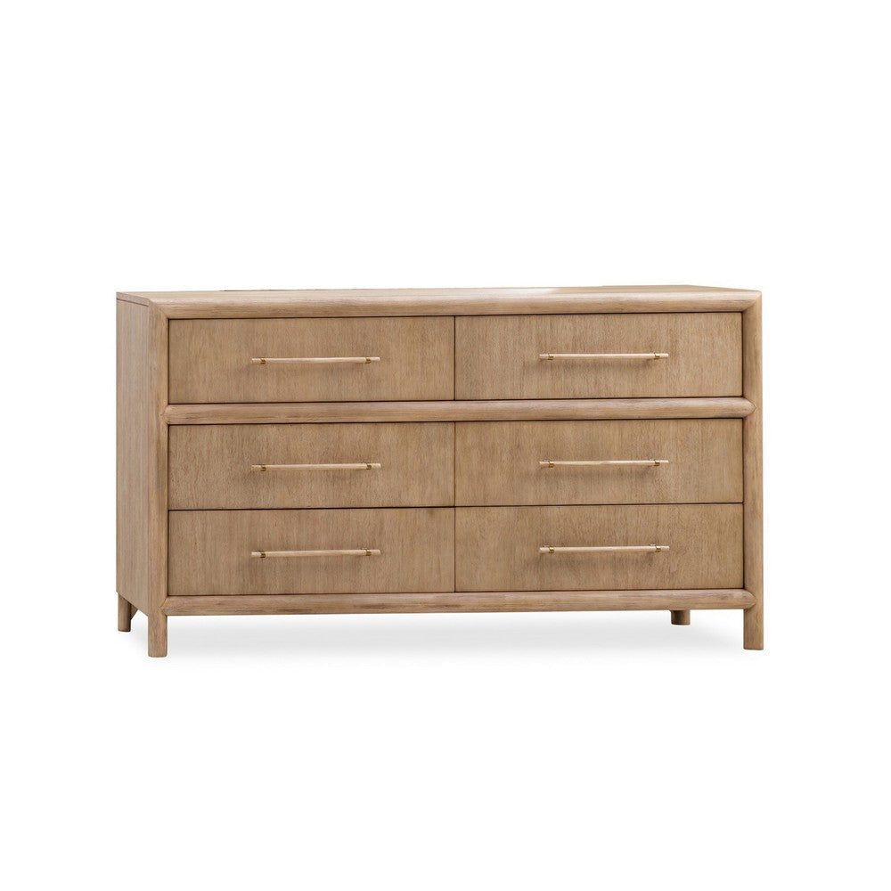 Dory 66 Inch Dresser, 6 Drawers, Bar Handles, Wire Brushed Brown Wood