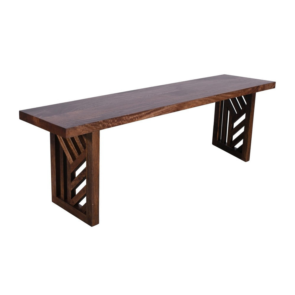 Rise 58 Inch Dining Bench, Geometric Base, Wood Grain Design, Brown Wood