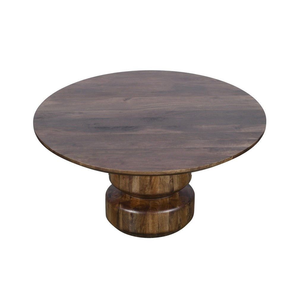 Rise 36 Inch Coffee Table, Round Top and Stacked Pedestal Base, Brown Wood