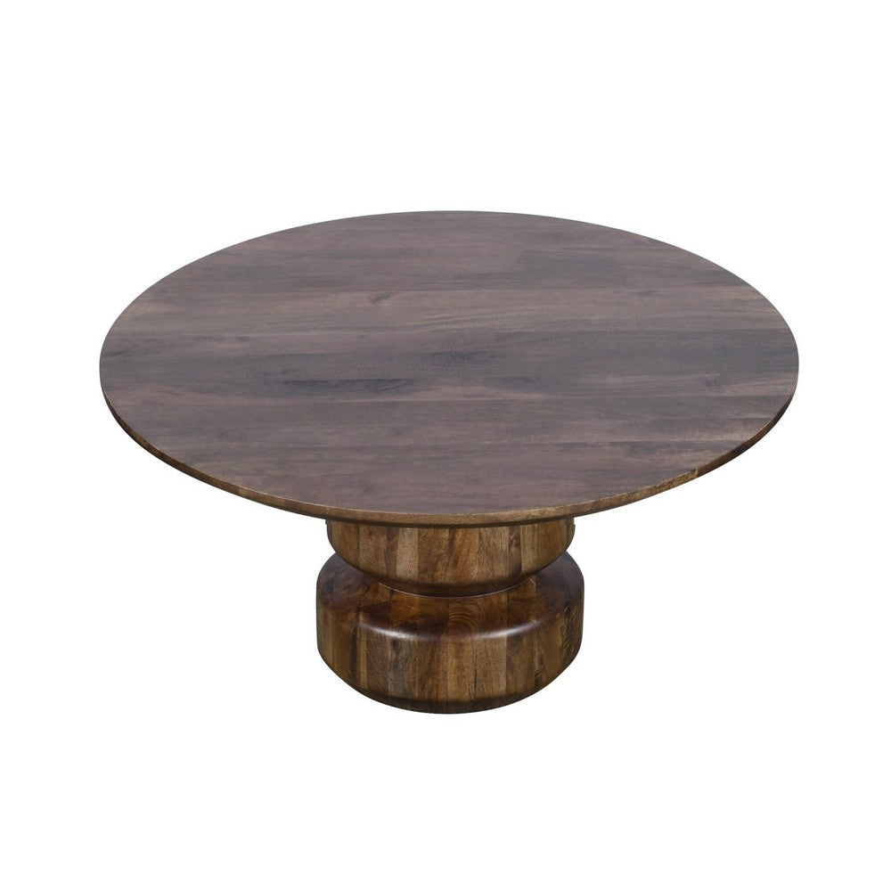 Rise 36 Inch Coffee Table Round Top and Stacked Pedestal Base Brown Wood BM309108