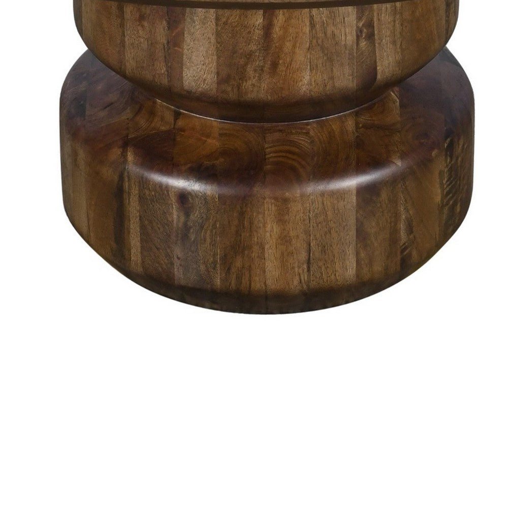 Rise 36 Inch Coffee Table, Round Top and Stacked Pedestal Base, Brown Wood