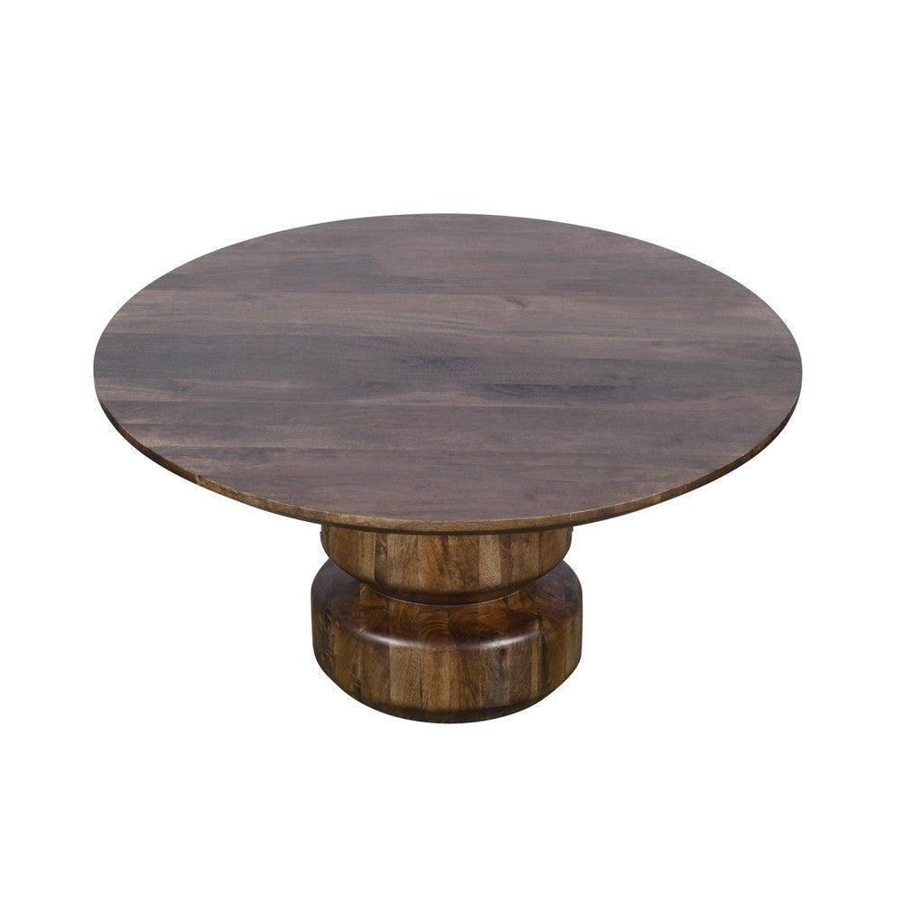 Rise 36 Inch Coffee Table, Round Top and Stacked Pedestal Base, Brown Wood