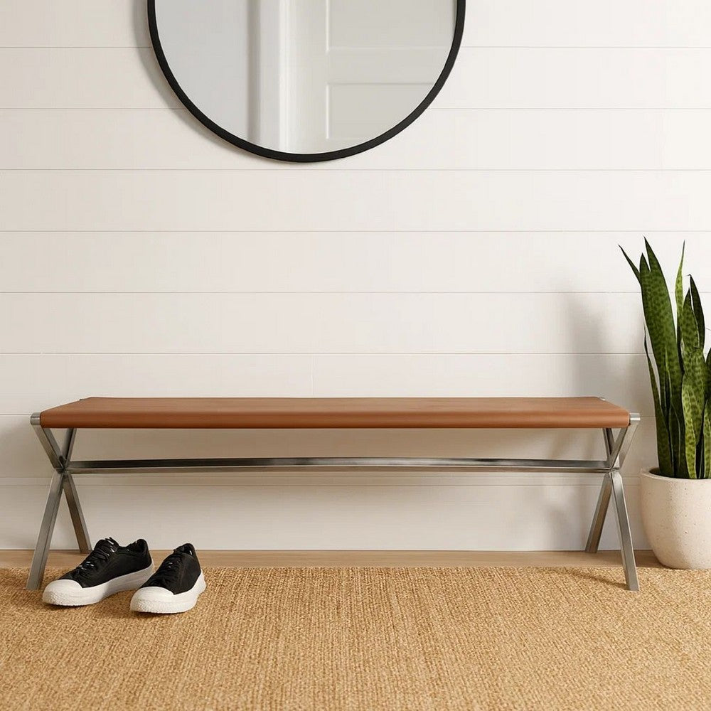 Rux 62 Inch Dining Bench, Faux Leather Seat, Steel Legs, Director Style