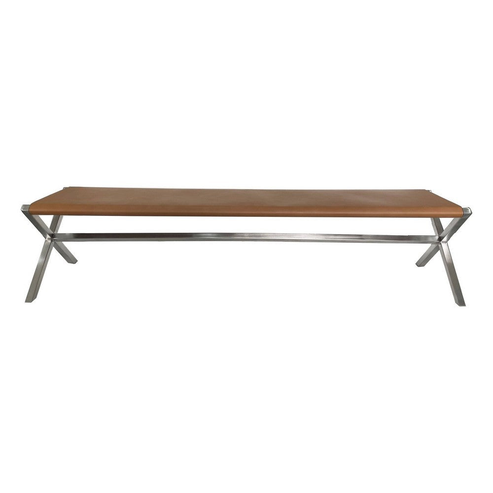 Rux 62 Inch Dining Bench, Faux Leather Seat, Steel Legs, Director Style