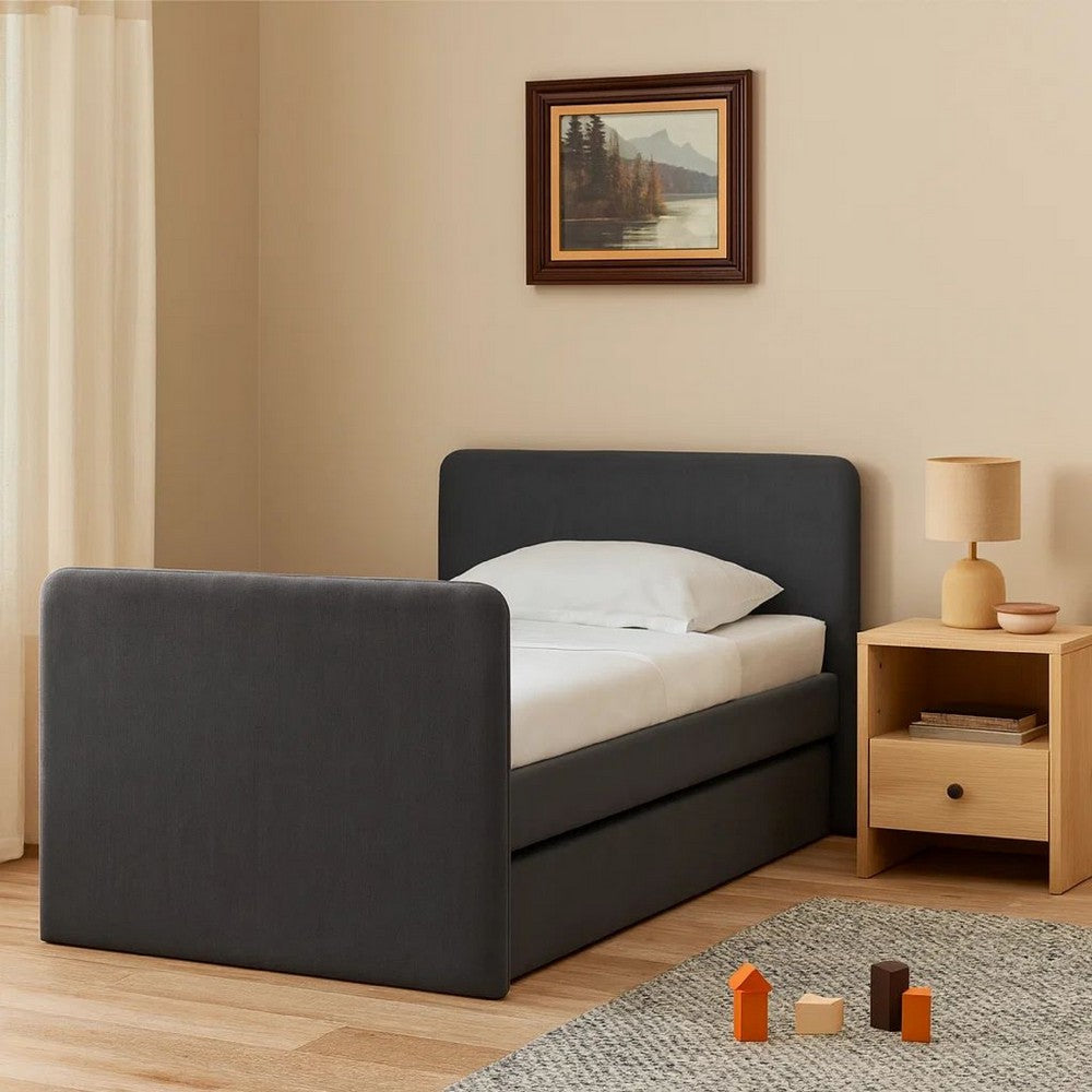 Cave Daybed, Gray Velvet Upholstery, Modern Design, Caster Mounted Trundle