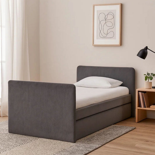Cave Daybed, Gray Velvet Upholstery, Modern Design, Caster Mounted Trundle