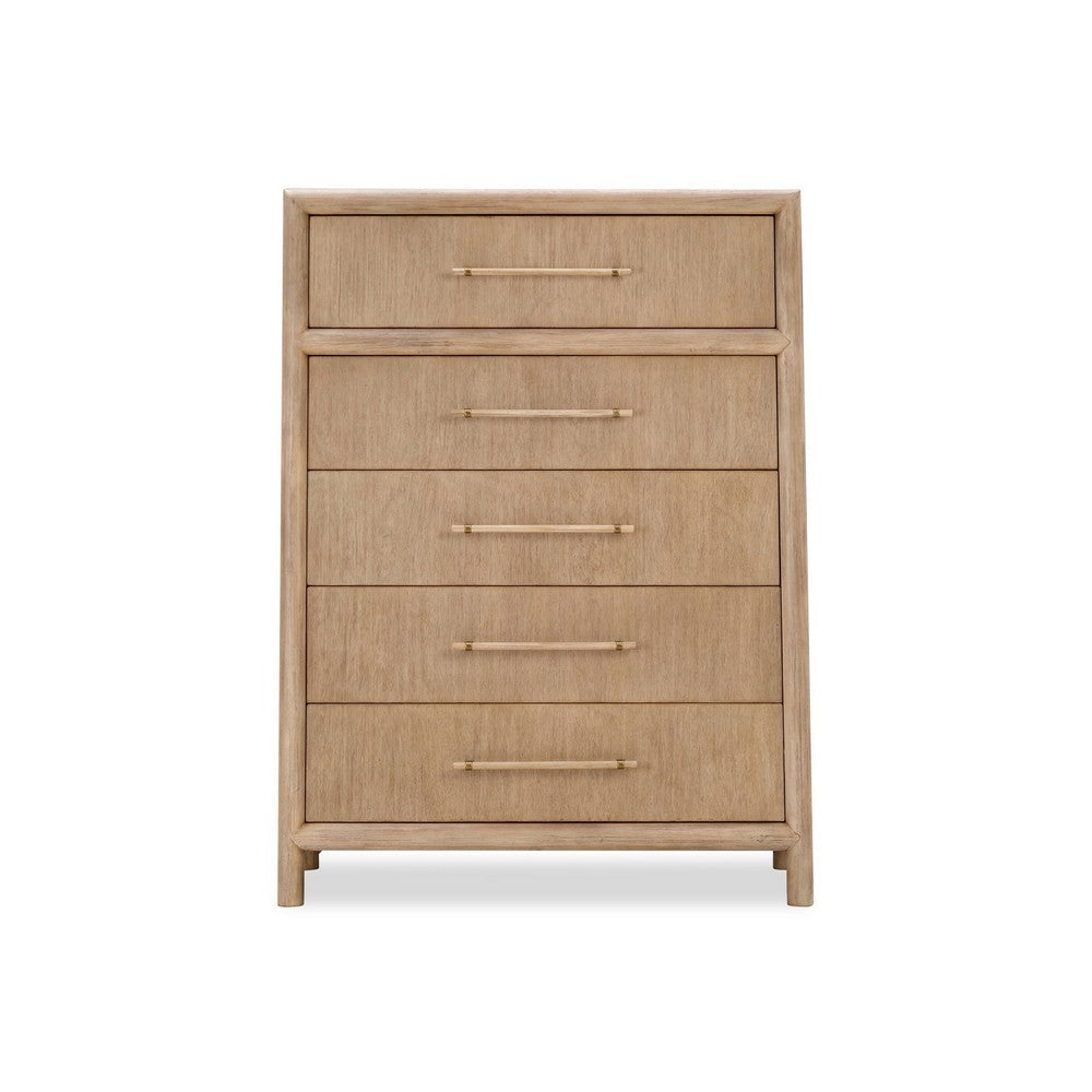 Dory 54 Inch Tall Dresser Chest 5 Drawers Natural Wire Brushed Brown Wood BM309116