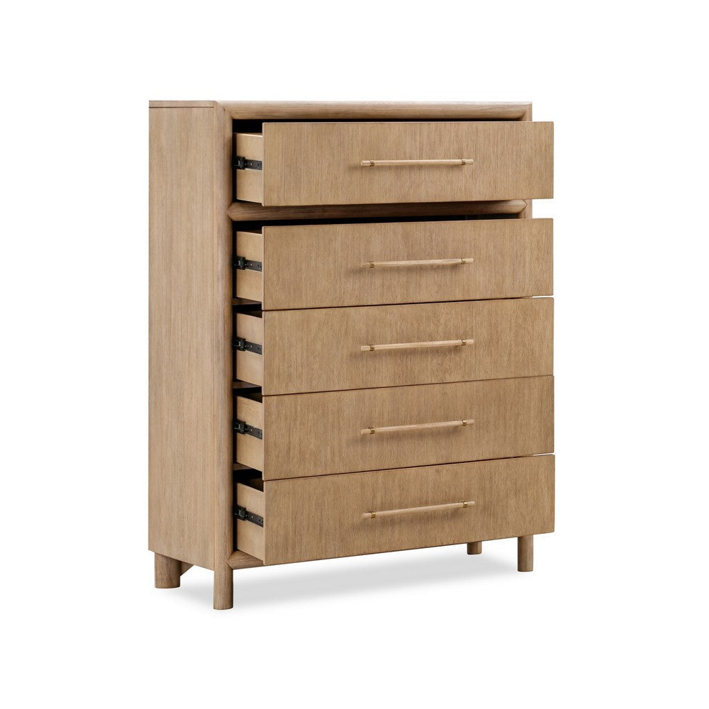 Dory 54 Inch Tall Dresser Chest 5 Drawers Natural Wire Brushed Brown Wood BM309116