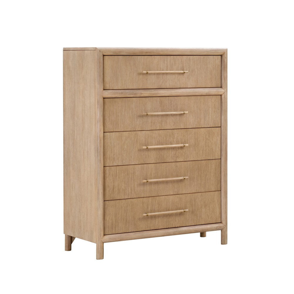 Dory 54 Inch Tall Dresser Chest, 5 Drawers, Natural Wire Brushed Brown Wood
