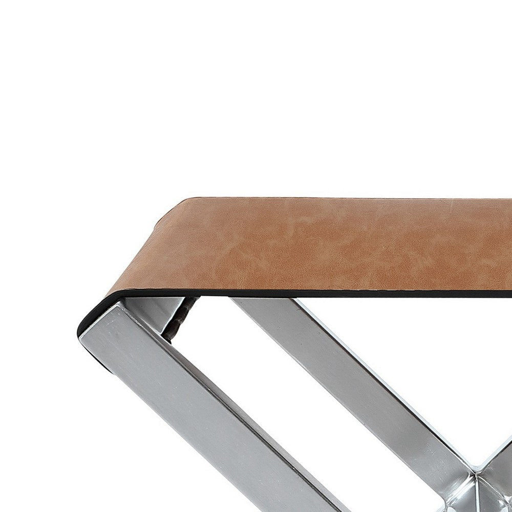 Rux 22 Inch Stool with Steel Crossed Legs and Faux Leather Seat Brown BM309122