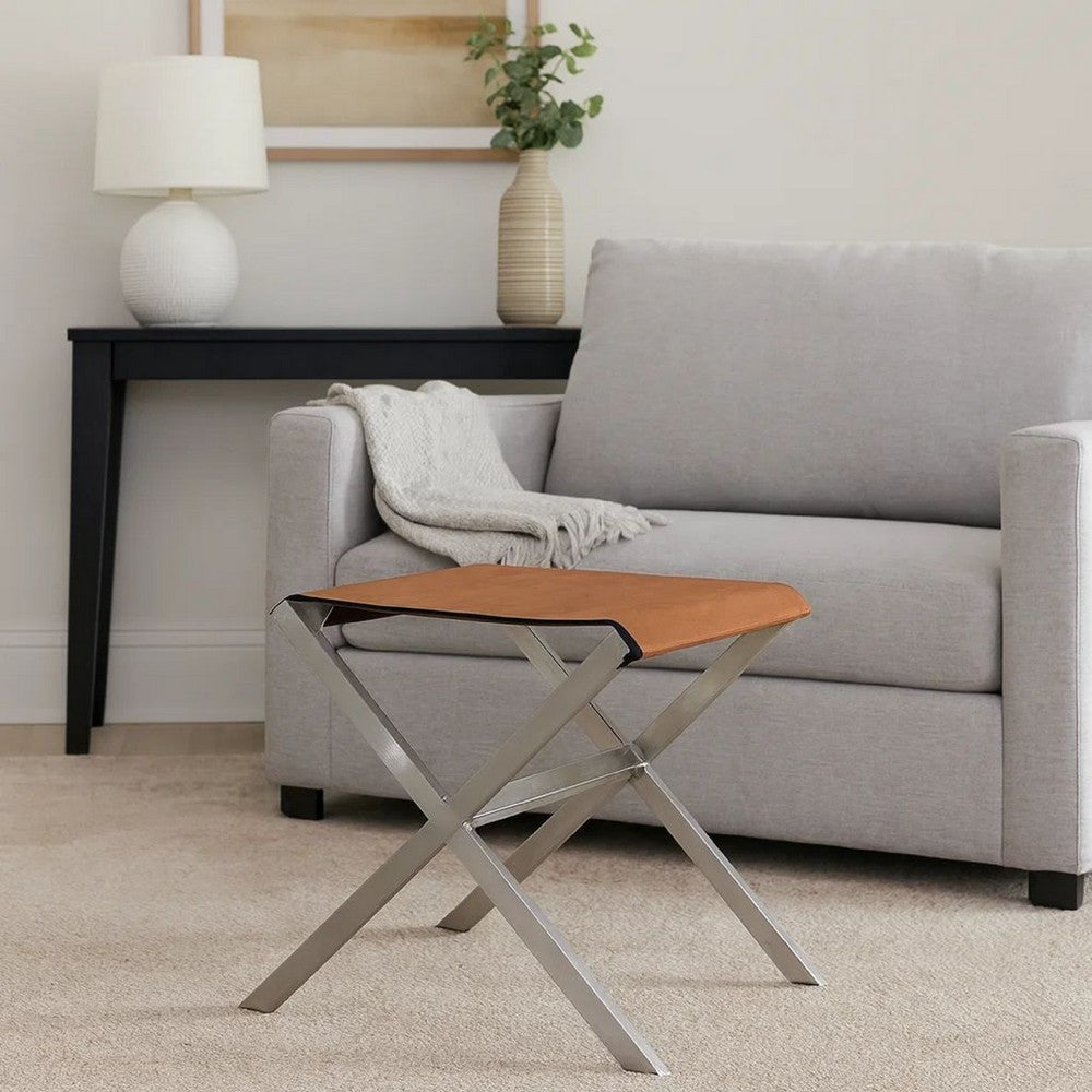 Rux 22 Inch Stool with Steel Crossed Legs and Faux Leather Seat, Brown