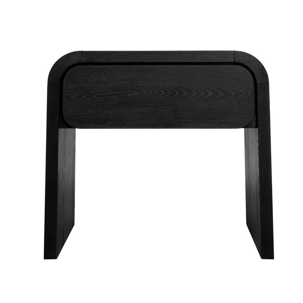 Cave 26 Inch Nightstand Curved Side Panel 1 Drawer Black Wood Finish BM309126