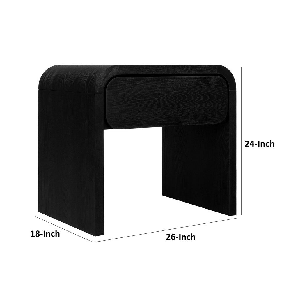 Cave 26 Inch Nightstand Curved Side Panel 1 Drawer Black Wood Finish BM309126