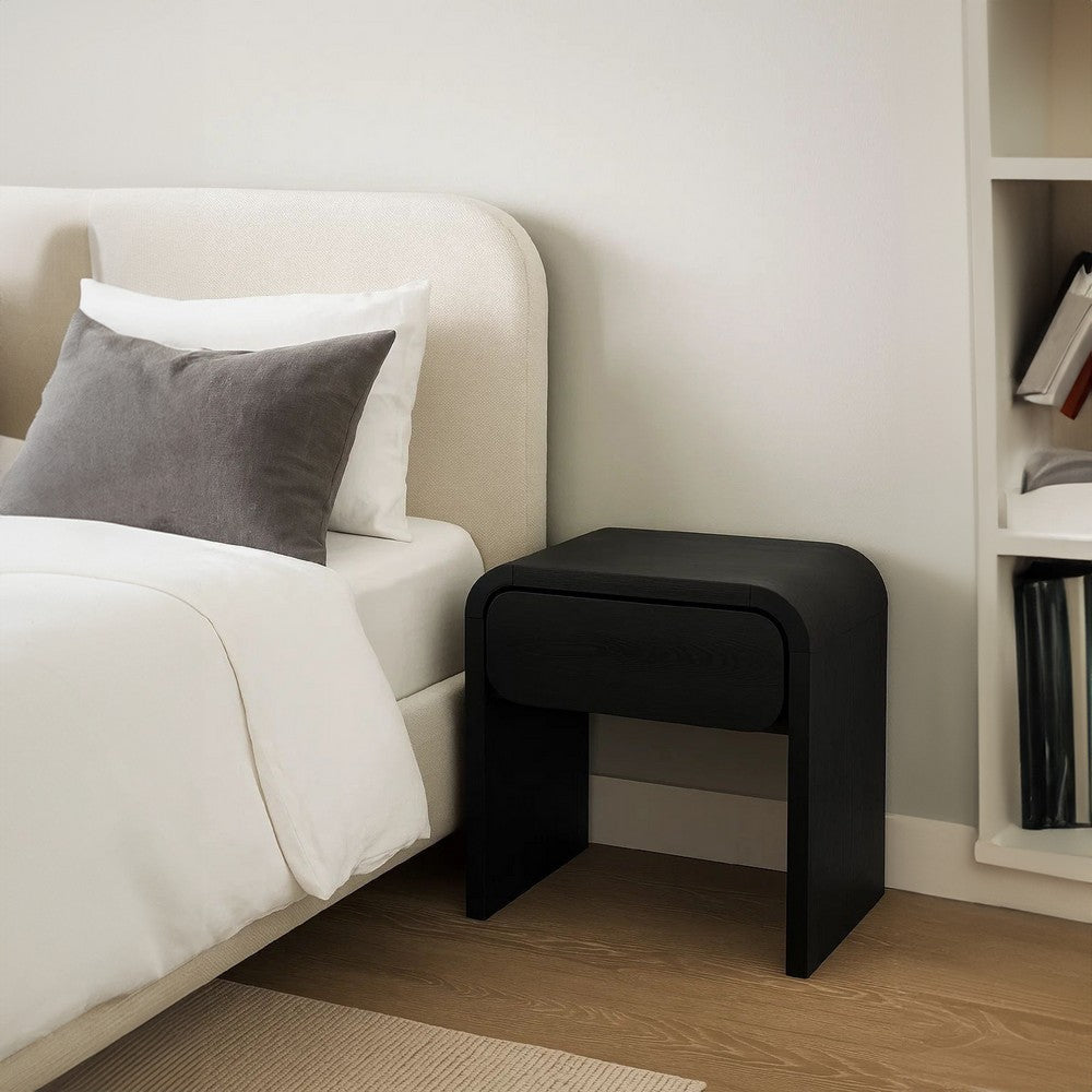 Cave 26 Inch Nightstand Curved Side Panel 1 Drawer Black Wood Finish BM309126