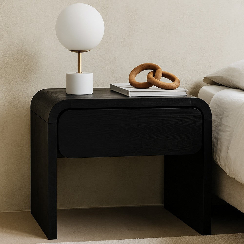 Cave 26 Inch Nightstand Curved Side Panel 1 Drawer Black Wood Finish BM309126