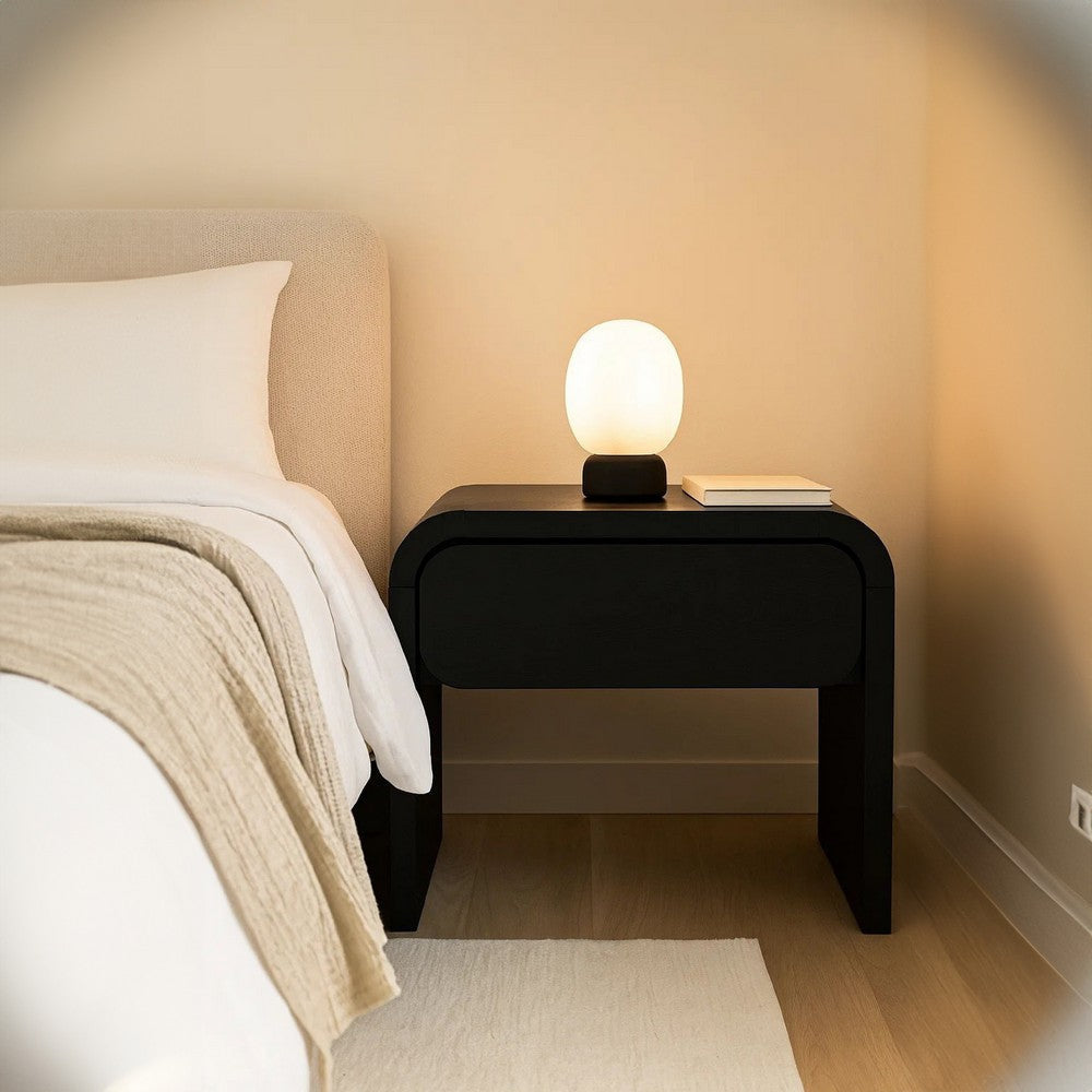 Cave 26 Inch Nightstand Curved Side Panel 1 Drawer Black Wood Finish BM309126