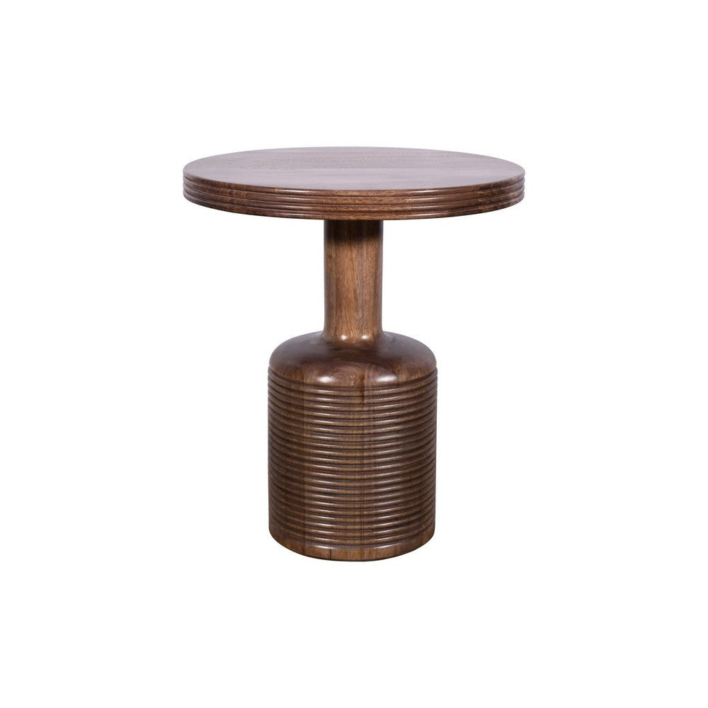 Rise 21 Inch Side End Table, Round Top, Accent Pedestal Base, Brown Wood