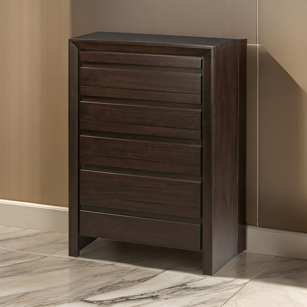 Oxo 51 Inch Tall Dresser Chest, 5 Drawers, Carved Handles, Dark Brown Wood