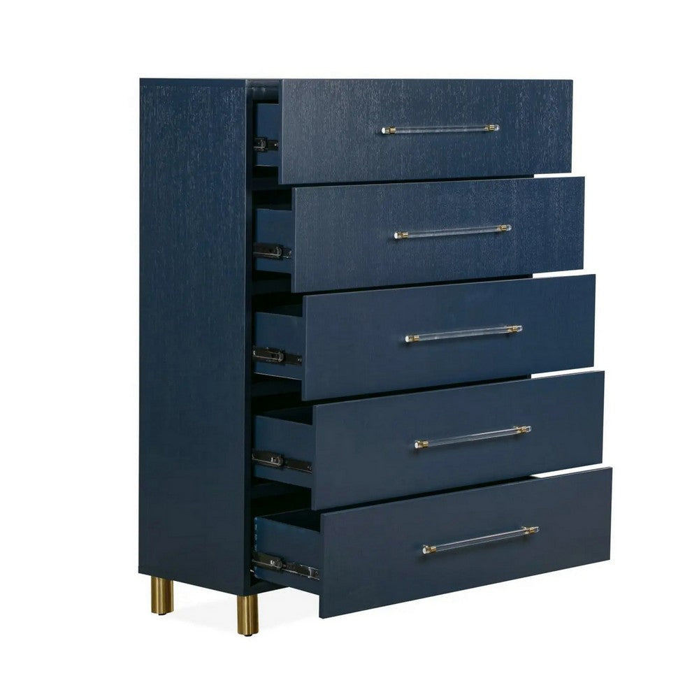 Herst 54 Inch Tall Dresser Chest 5 Drawers Acrylic Bar Handles Blue Wood BM309136