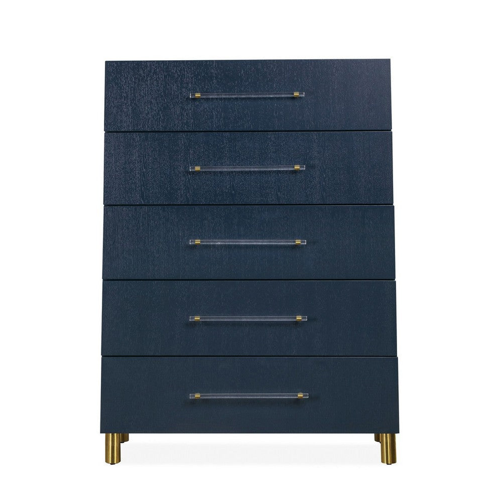 Herst 54 Inch Tall Dresser Chest, 5 Drawers, Acrylic Bar Handles, Blue Wood