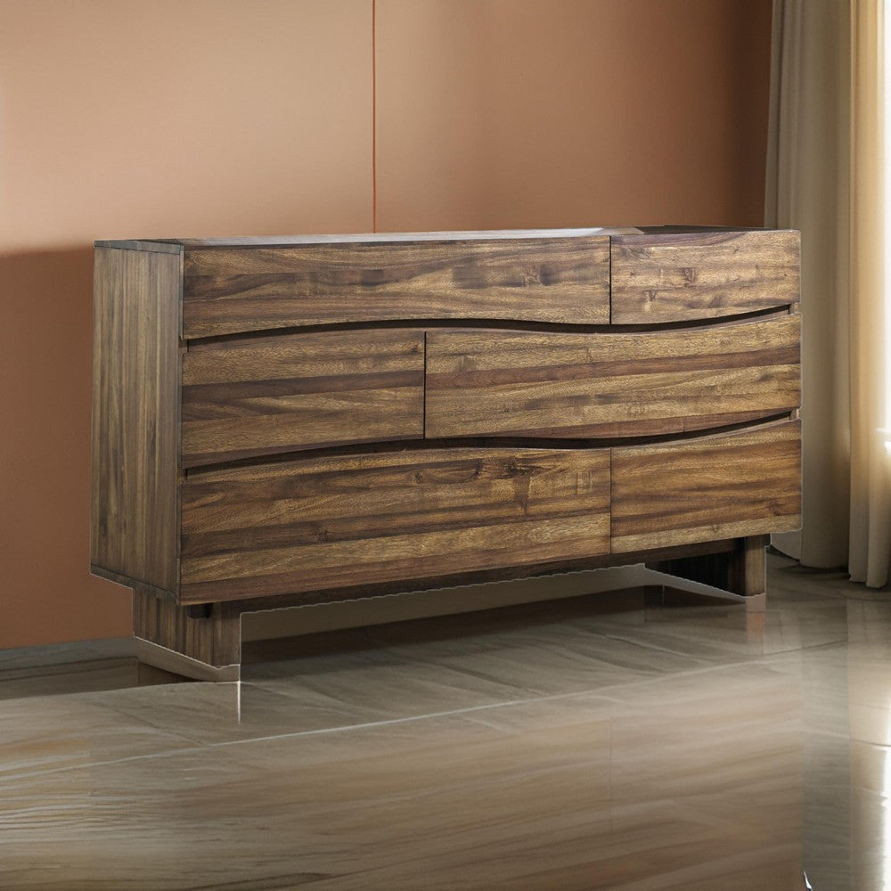 Lime 64 Inch Dresser, 6 Drawers, Natural Wood Grain Details, Brown Wood
