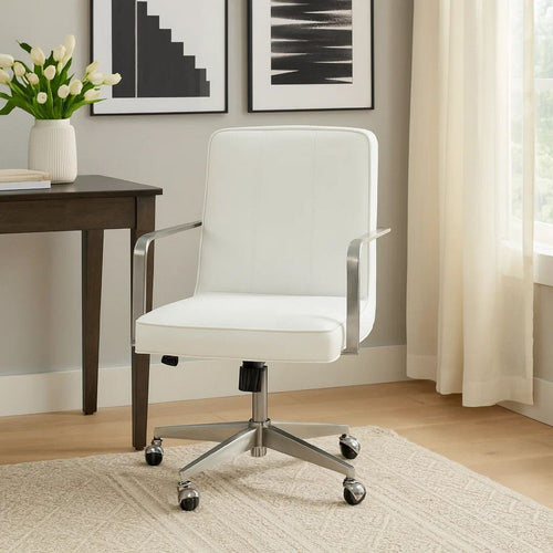 Rux 26 Inch Office Swivel Chair, White Faux Leather, Rolling Steel Base