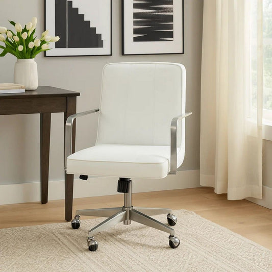 Rux 26 Inch Office Swivel Chair, White Faux Leather, Rolling Steel Base