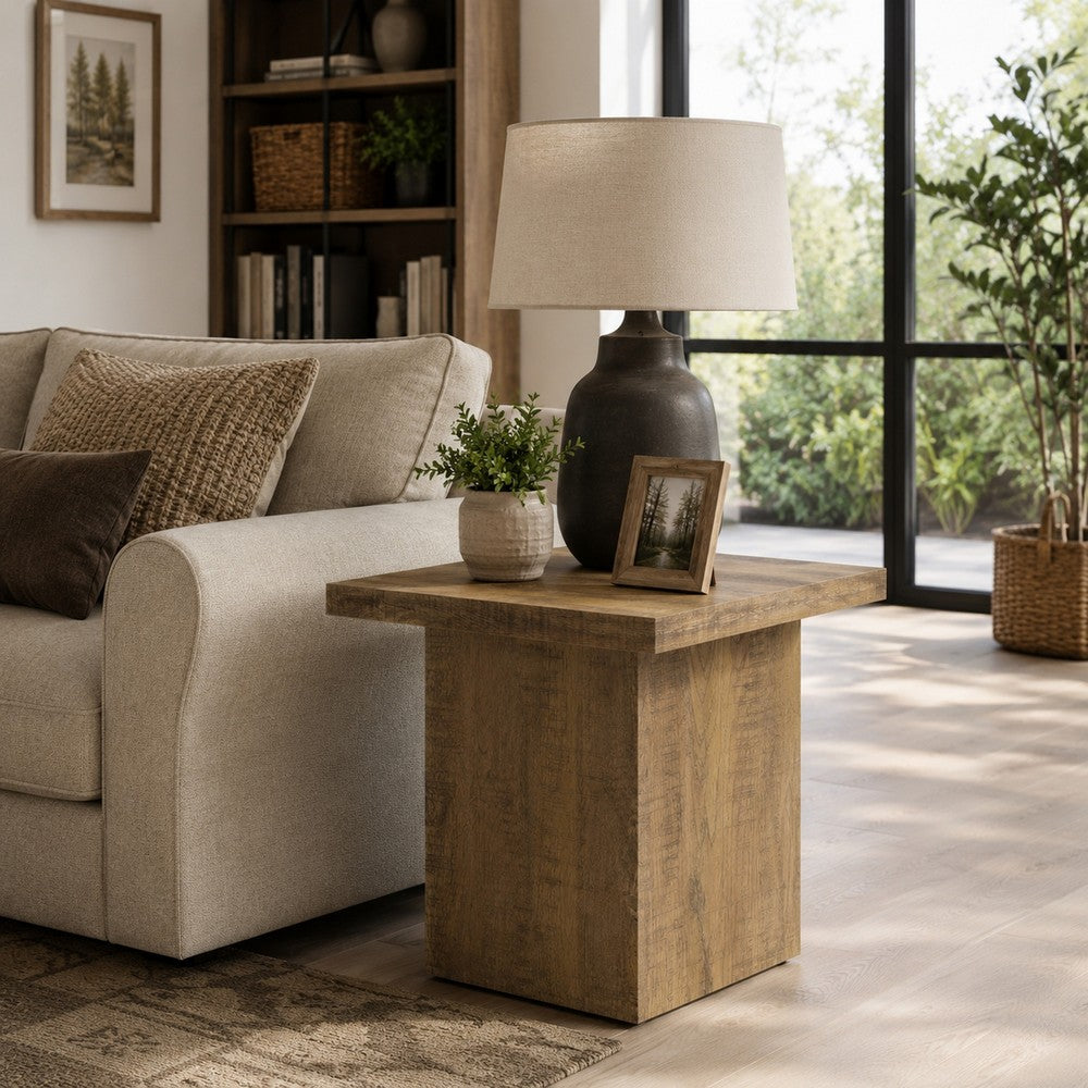 Zet 24 Inch Square End Table with Oversized Block Base, Mango Brown By Casagear Home