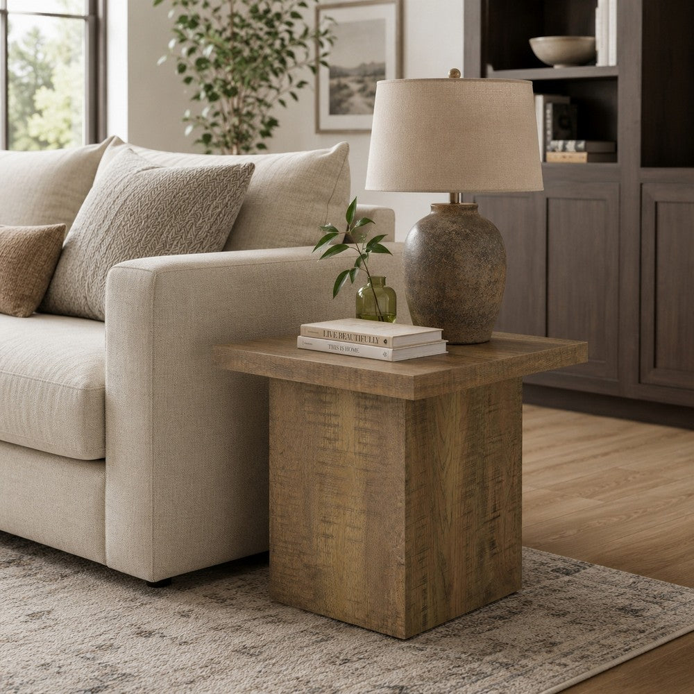 Zet 24 Inch Square End Table with Oversized Block Base, Mango Brown By Casagear Home