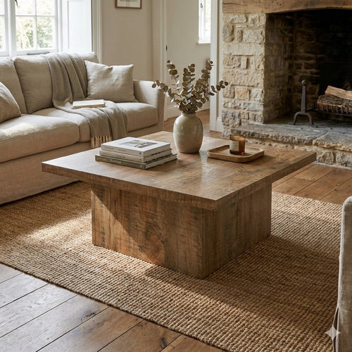 Zet 36 Inch Square Coffee Table with Oversized Block Base, Mango Brown By Casagear Home