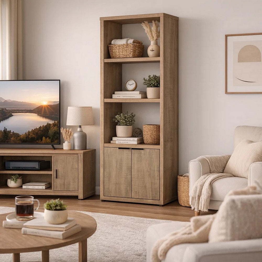 Tag 71 Inch Media Tower with 3 Shelves, 2 Doors, MDF Wood, Mango Brown By Casagear Home