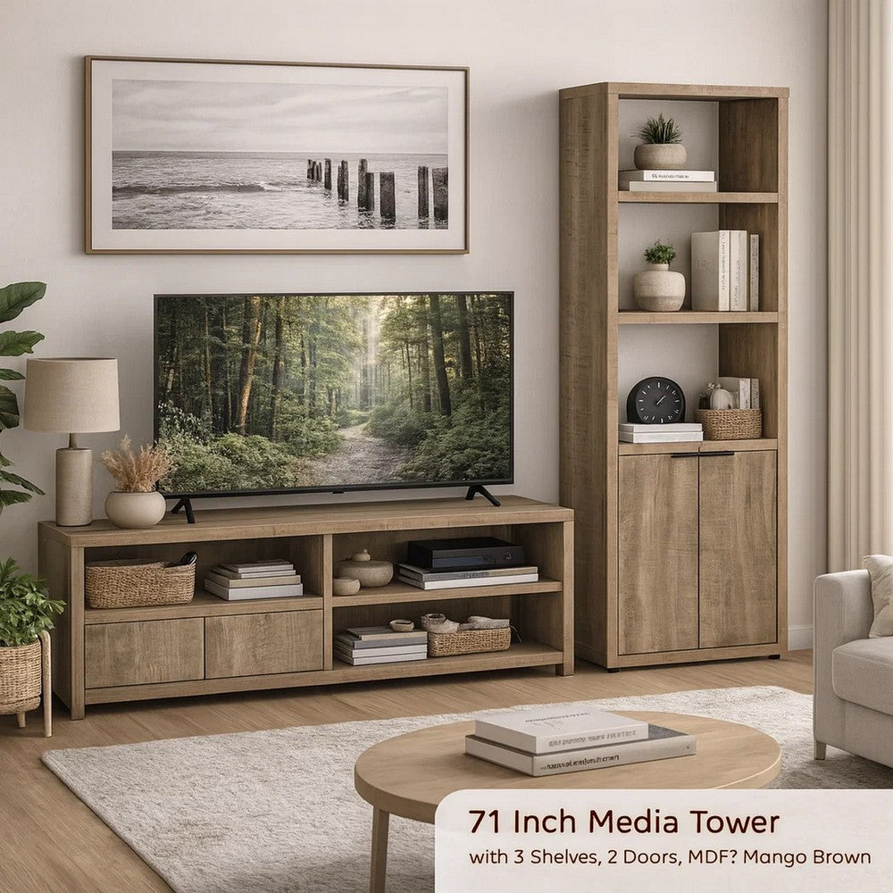 Tag 71 Inch Media Tower with 3 Shelves, 2 Doors, MDF Wood, Mango Brown By Casagear Home