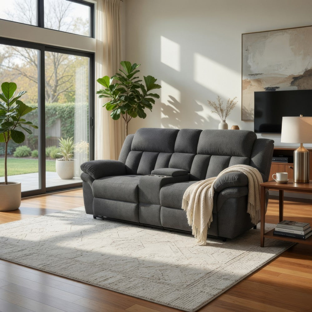 Jak 86 Inch Loveseat, Power Recliner, Padded Back, Charcoal Gray Fabric By Casagear Home