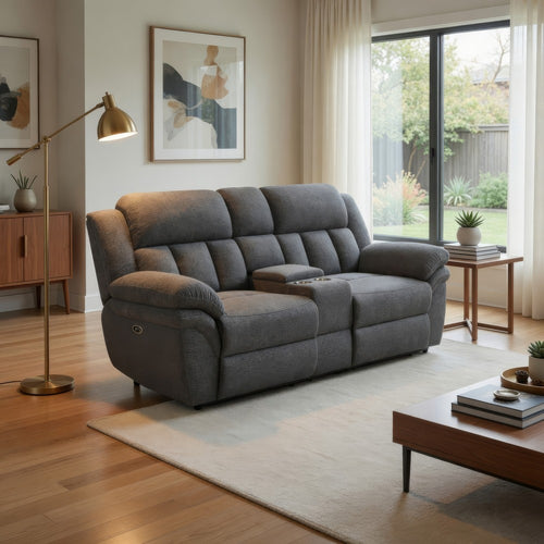 Jak 86 Inch Loveseat, Power Recliner, Padded Back, Charcoal Gray Fabric By Casagear Home