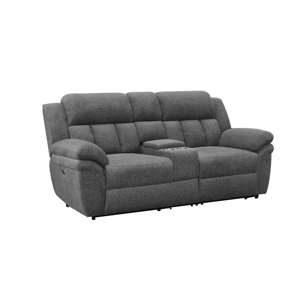 Jak 86 Inch Loveseat, Power Recliner, Padded Back, Charcoal Gray Fabric By Casagear Home