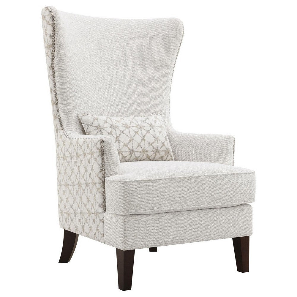 31 Inch Accent Armchair, Elegant Wingback, Rubberwood, Latte Beige Fabric By Casagear Home